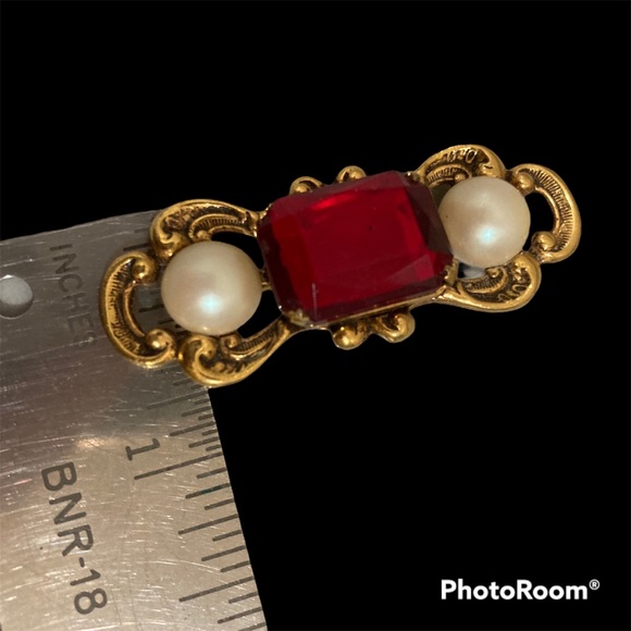 Antique Georgian Scottish Style Brooch w Ruby Glass, Split Pearl, Brass Metal - Picture 4 of 6